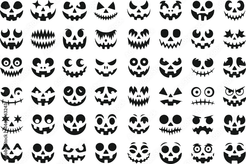 Spooky black halloween pumpkin faces vector set for decoration and ...