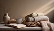 © PandaUniverse - toned still life with folded blankets, a journal, and a cup