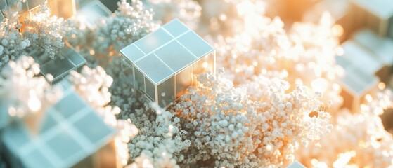 Poster - Solar Panel Cubes Emerging from White Fluffy Growth Abstract Close Up Photorealistic Render