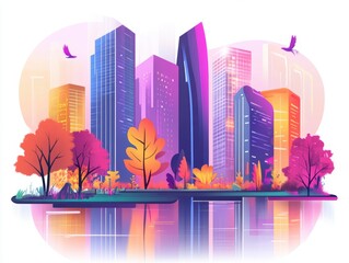 Poster - Vibrant Cityscape Illustration with Autumnal Trees and Bird Silhouettes Digital Art Style