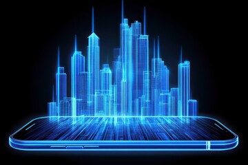 Leinwandbilder - Futuristic Cityscape Hologram Displayed on Smartphone Screen with Glowing Blue Lines and Black Background