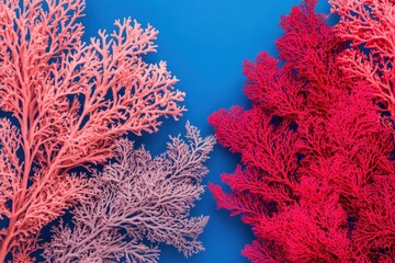 Aufkleber - Red and Pink Coral Branches Against Blue Backdrop Flat Lay Marine Life Concept Abstract Design Element Ocean Aquatic
