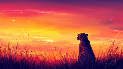 Poster - Cheetah Sits Observing Vivid Sunset in African Savanna Landscape Painting Style Warm Colors Tall Grass