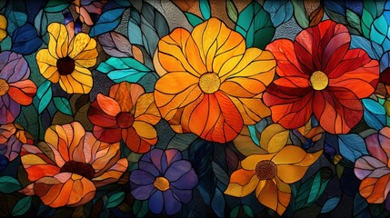 Wall Mural - Vibrant Floral Mosaic Stained Glass Artwork Close-Up