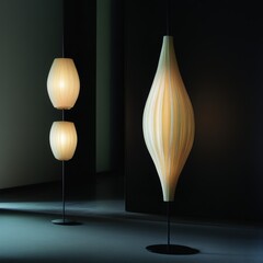 Poster - Interior with Modern Floor Lamps Glowing in Dark Room Minimalist Design Home Decor Lighting Fixtures