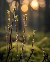 Poster - Moss stalks adorned with dewdrops in a forest setting, close-up shot with bokeh background, nature photography