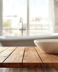 Poster - Rustic Wooden Tabletop with White Bowl in Modern Bathroom Interior Design Close Up Product Mockup