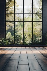 Fototapete - Interior view of room with large window overlooking garden, low angle perspective, natural light, modern design