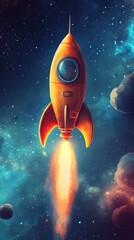 Poster - Retro Rocket Launching Through Starry Galaxy Illustration Upward Angle Space Exploration Concept