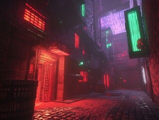 Poster - Cyberpunk alleyway at night, low angle view, neon lights, dark brick buildings, wet cobblestone street, urban scene