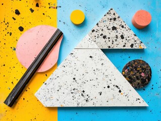 Aufkleber - Geometric Flat Lay of Terrazzo Shapes on Colorful Backgrounds Overhead Shot Modern Art