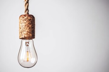 Poster - Hanging lightbulb with cork and rope detail against white background close up studio shot minimalist style