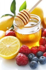 Aufkleber - Close Up of Honey Jar with Honey Dipper Surrounded by Fresh Berries and Lemon Slices Still Life