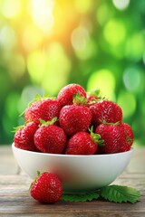 Aufkleber - Bowl of Fresh Strawberries on Wooden Table with Bokeh Background Close Up Still Life Food Photography