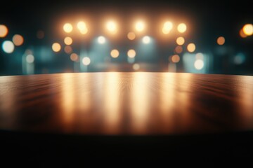 Aufkleber - Wooden Table Surface with Bokeh Lights Background in Warm Tones Studio Shot Product Display Mockup Template for Food Beverage or Retail Items