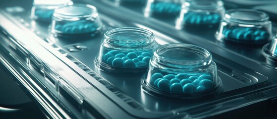 Poster - Blue Pills in Jars on Conveyor Belt Pharmaceutical Production Line Close Up Industrial Process