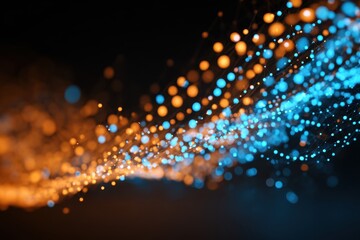 Leinwandbilder - Abstract Data Stream Visualization with Orange and Blue Glowing Particles on Dark Background Futuristic Network Concept