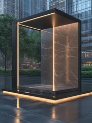 Poster - Modern marble display illuminated in city park, abstract art installation, low angle, urban landscape, contemporary design