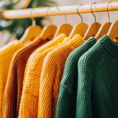 Aufkleber - Colorful Sweaters Hanging on Wooden Rack Close Up Shot of Knitted Fashion Apparel in Yellow Brown and Green
