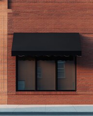 Fototapete - Storefront Facade with Black Awning and Large Windows on Brick Building Exterior at Street Level