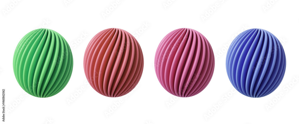 Set of spherical green object, ribbed texture, symmetrical grooves, blue color, organic form, 3D rendering, minimalist design, PNG file isolated on transparent background Download.