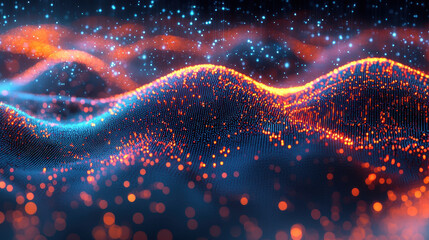 Wall Mural - abstract 4k background shows a realistic 3d waveform analysis on the side with blue and orange parti