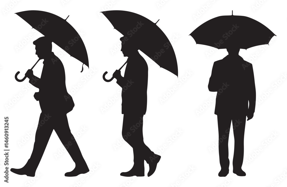 Set of black silhouettes of a man with an umbrella in various poses on ...