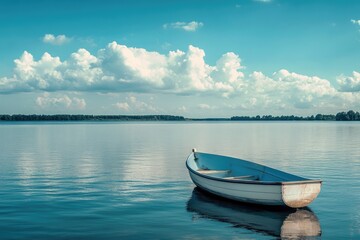 Naklejka na meble Tranquil lake scene with a small white boat. Calm water reflects the sky and clouds. Lush green shoreline