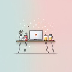 Poster - Cozy Workspace: A minimal illustration of a desk with a laptop, drinks, flowers, and a soft, pastel-colored background.
