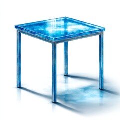 Fototapete - Elegant Square Table with Blue Watercolor Texture and Reflected Shadow on White Background