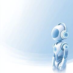 Poster - Futuristic Android with Headphones on a Soft Blue Gradient Background, showcasing advanced AI technology and digital design.