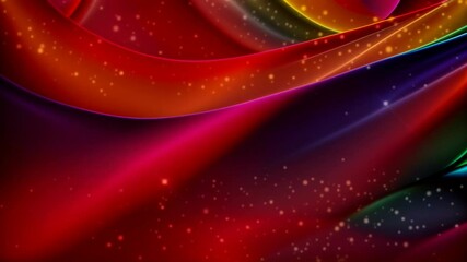 Wall Mural - Festive red abstract background with bright wavy lines and golden twinkling sparkle stars. Loop animation, seamless endless footage.