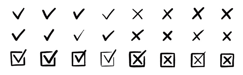 Aufkleber - Check the mark icon set. Hand drawn doodle checklist correct, cross, ok vote sign element. Hand drawn brush stroke check mark with box, circle symbol icon set. Vector illustration