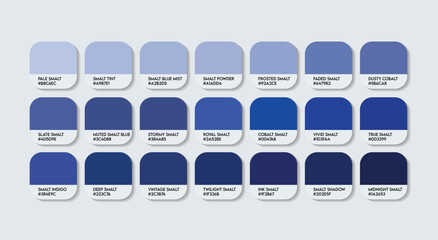 Smalt Color Guide Palette with color Names. Catalog Samples of Small Smart RGB HEX codes and Names. light blue electric Color Palette, Fashion Trend Pantone Smalt blue Color Palette, royal blues tones