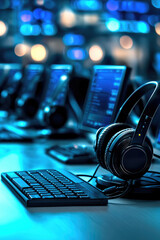 Fototapete - Modern call center with headsets, computer monitors, and keyboards in blue lit office environment, conveying professional and focused atmosphere