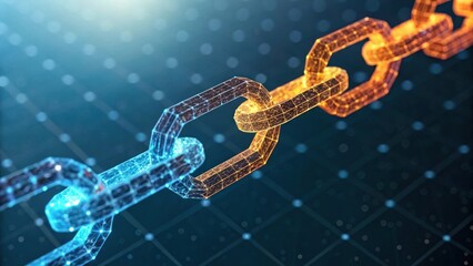 Digital blockchain technology connection with wireframe chain links on blue background