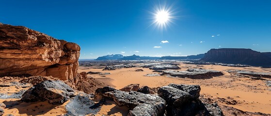 desert landscape with dramatic rock formations under a bright sun