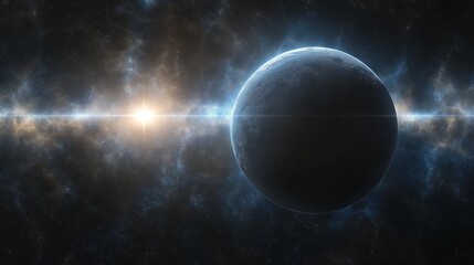 Wall Mural - Mystical dark planet eclipsing a bright blue star, lens flare effect,generative ai illustration