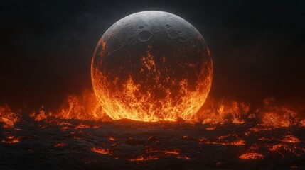 Wall Mural - Orbiting moon showing intense volcanic activity, detailed lava flows,generative ai illustration