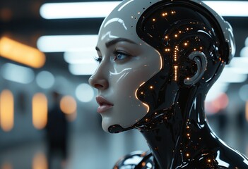 Fototapete - Futuristic Female Cyborg Robot AI Headshot