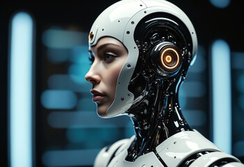 Fototapete - Futuristic Female Cyborg Robot AI Headshot