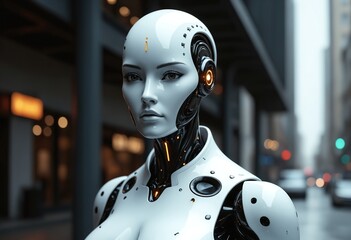 Fototapete - Futuristic Female Cyborg Robot AI Headshot