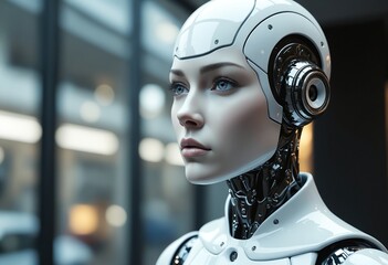 Fototapete - Futuristic Female Cyborg Robot AI Headshot
