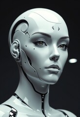 Fototapete - Futuristic Female Cyborg Robot AI Headshot