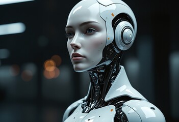 Fototapete - Futuristic Female Cyborg Robot AI Headshot