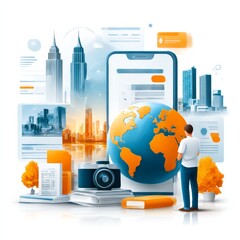 Poster - Global Connectivity and Mobile Technology: Man Viewing World Cities and Data on Digital Devices