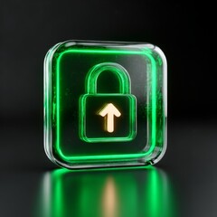 Leinwandbilder - Illuminated Padlock with Arrow: Secure Data Upload Icon in Green Glowing Design on a Sleek Dark Background 