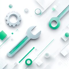 Poster - Minimalist Tools on White Background: Wrench, Gear, & Abstract Shapes for Technical Design or Repair Services Concepts