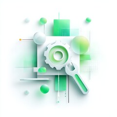 Poster - Modern Green Technical Illustration with Gear, Wrench, Spheres and Rectangles on Clean White Background