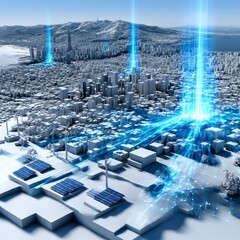 Leinwandbilder - Smart City Visualization: Data Streams Connecting Renewable Energy Sources and Urban Infrastructure